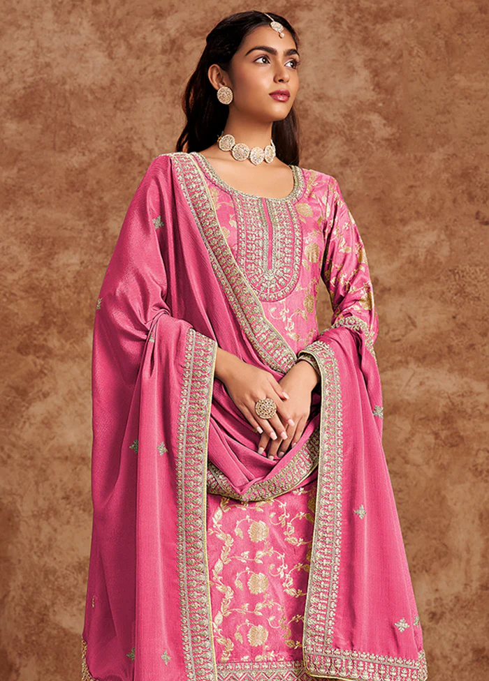 3 Pc Pink Semi Stitched Silk Suit Set - Image 2