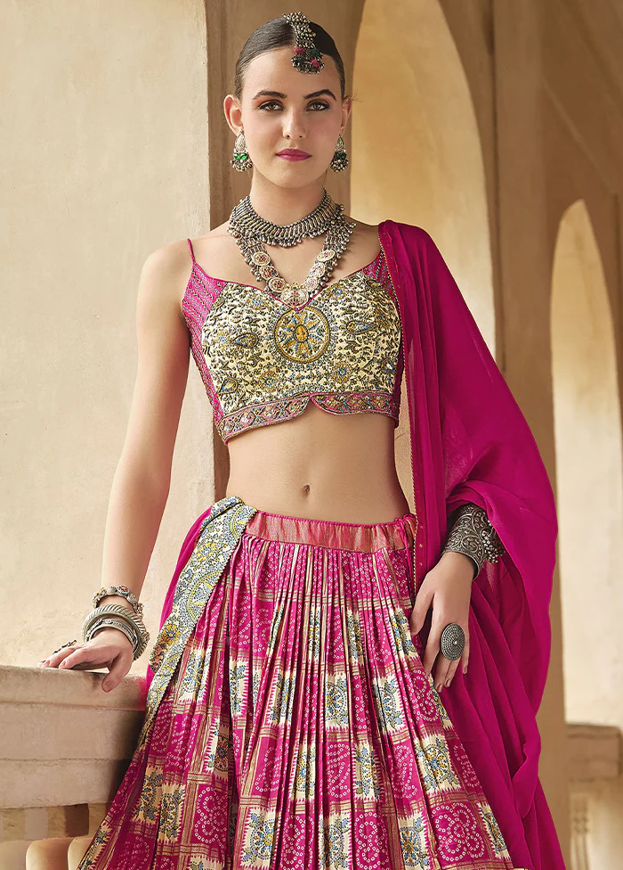 3 Pc Pink Silk Semi Stitched Lehenga Set - Image 2