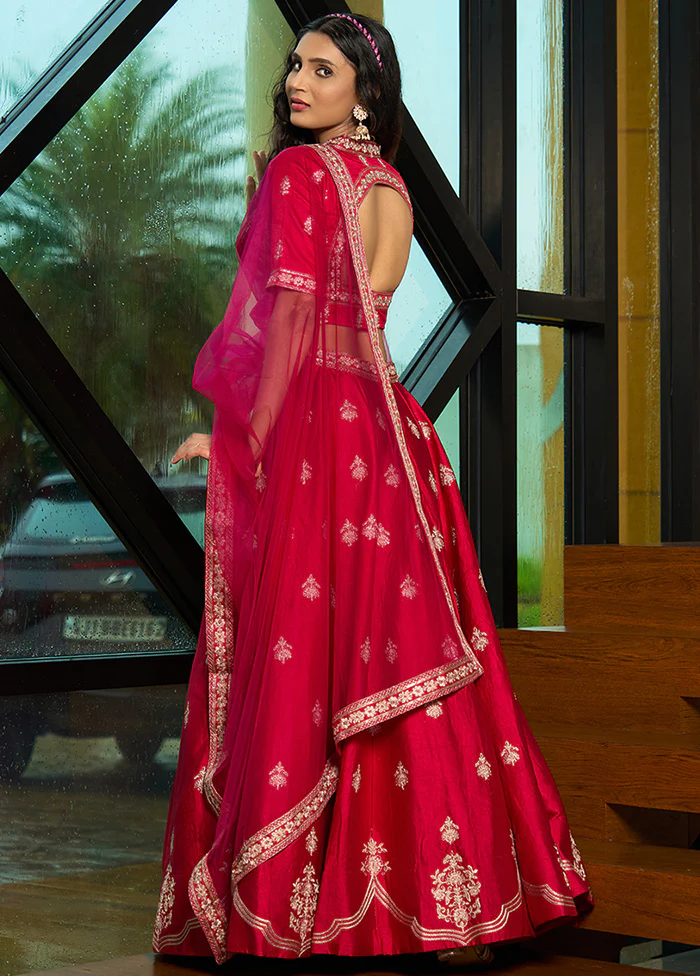 3 Pc Pink Silk Semi Stitched Lehenga Set - Image 2