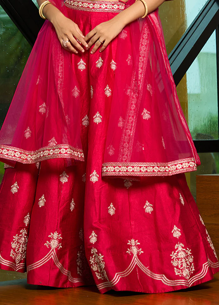 3 Pc Pink Silk Semi Stitched Lehenga Set - Image 3
