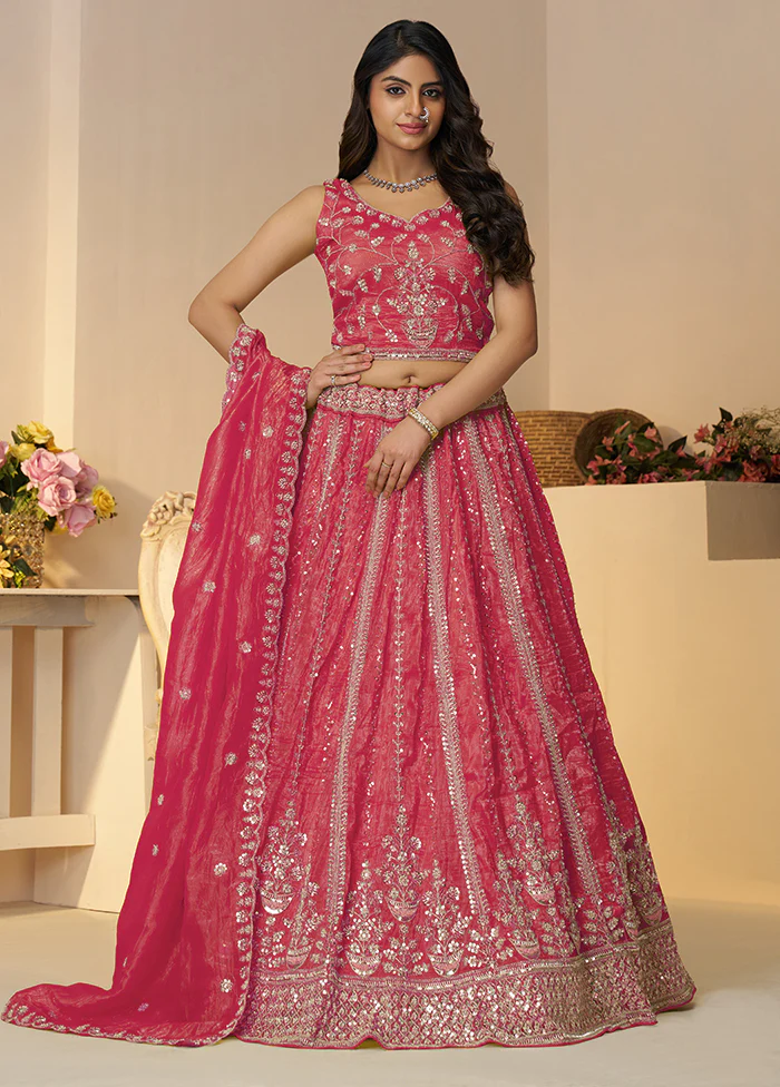 3 Pc Pink Silk Semi Stitched Lehenga Set