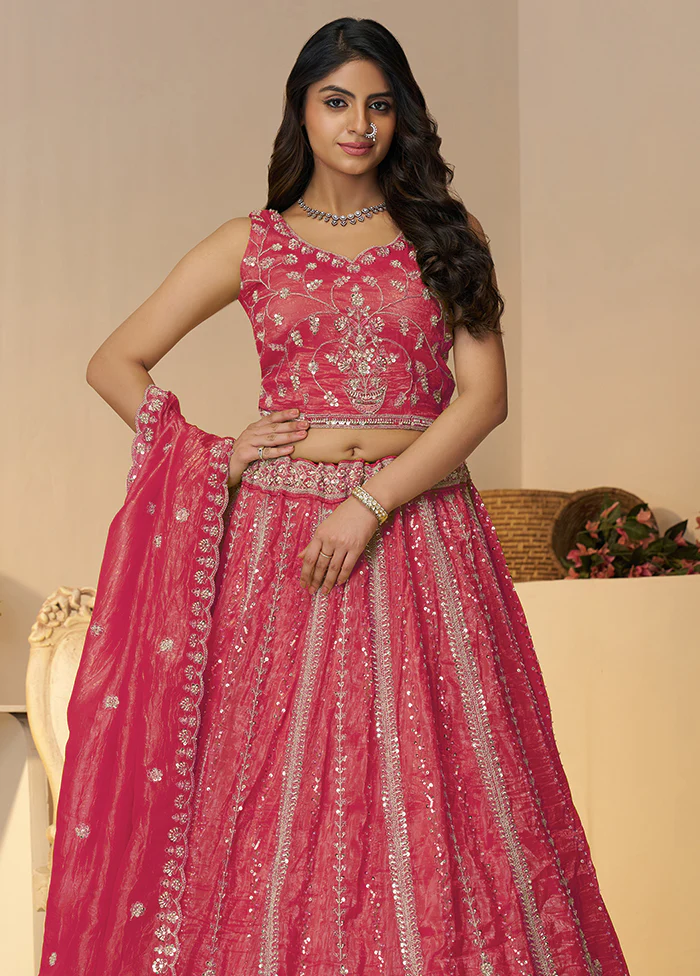 3 Pc Pink Silk Semi Stitched Lehenga Set - Image 2