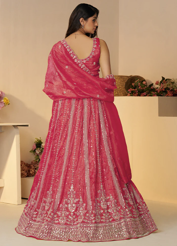 3 Pc Pink Silk Semi Stitched Lehenga Set - Image 3