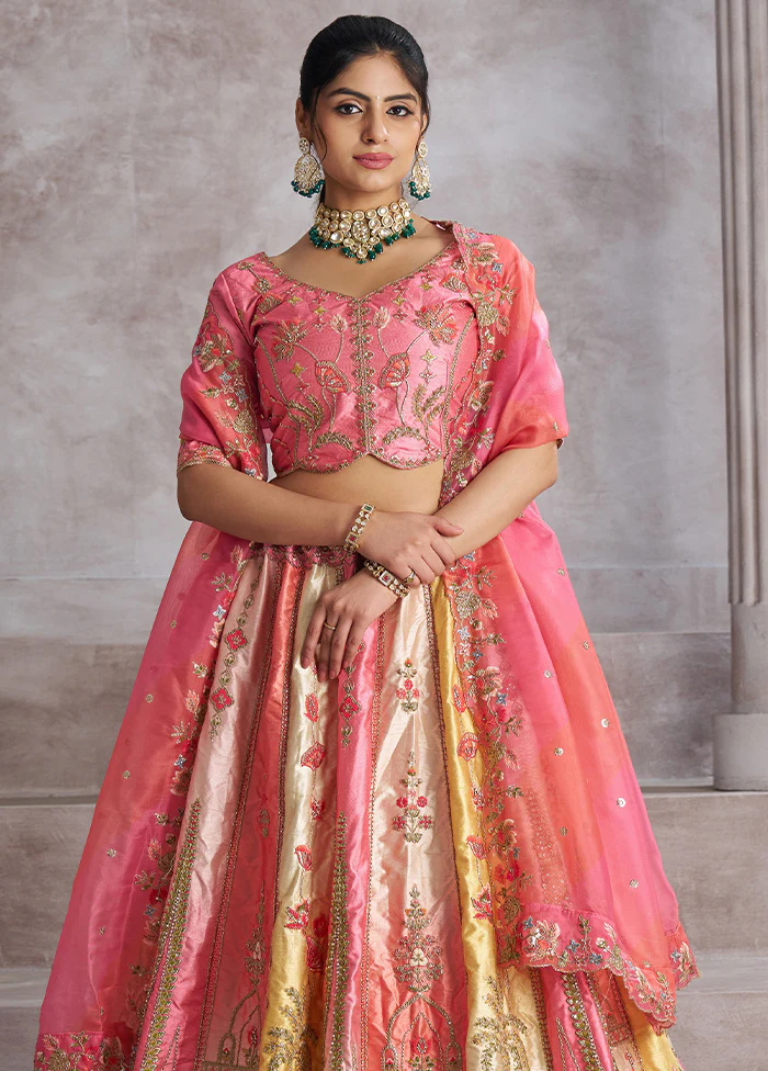 3 Pc Pink Silk Semi Stitched Lehenga Set - Image 2