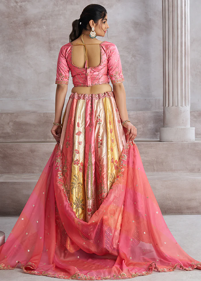3 Pc Pink Silk Semi Stitched Lehenga Set - Image 3