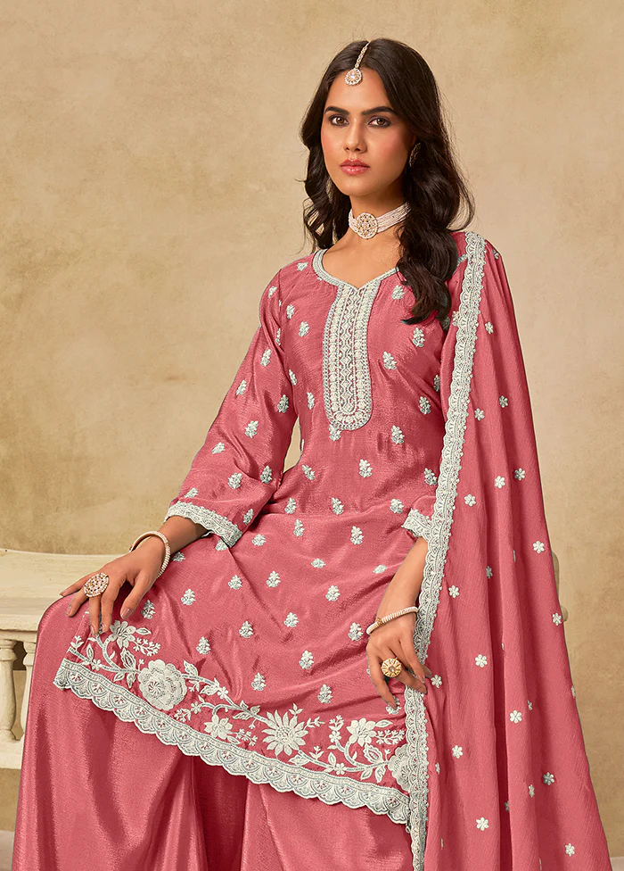 3 Pc Pink Silk Plazzo Suit Set - Image 2