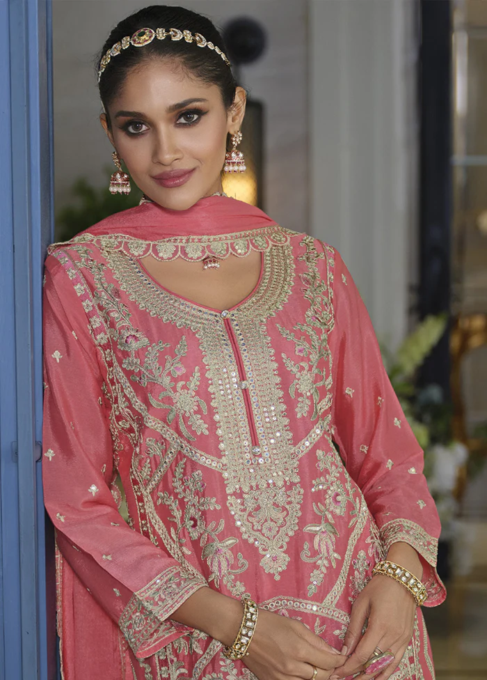 3 Pc Pink Silk Plazzo Suit Set - Image 2