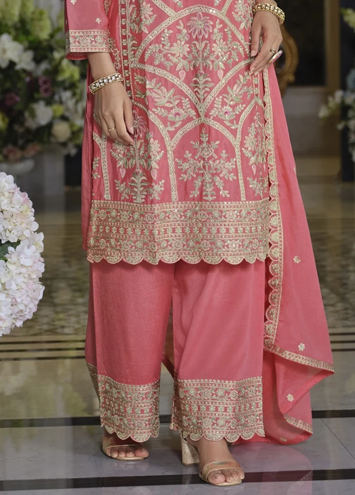 3 Pc Pink Silk Plazzo Suit Set - Image 3