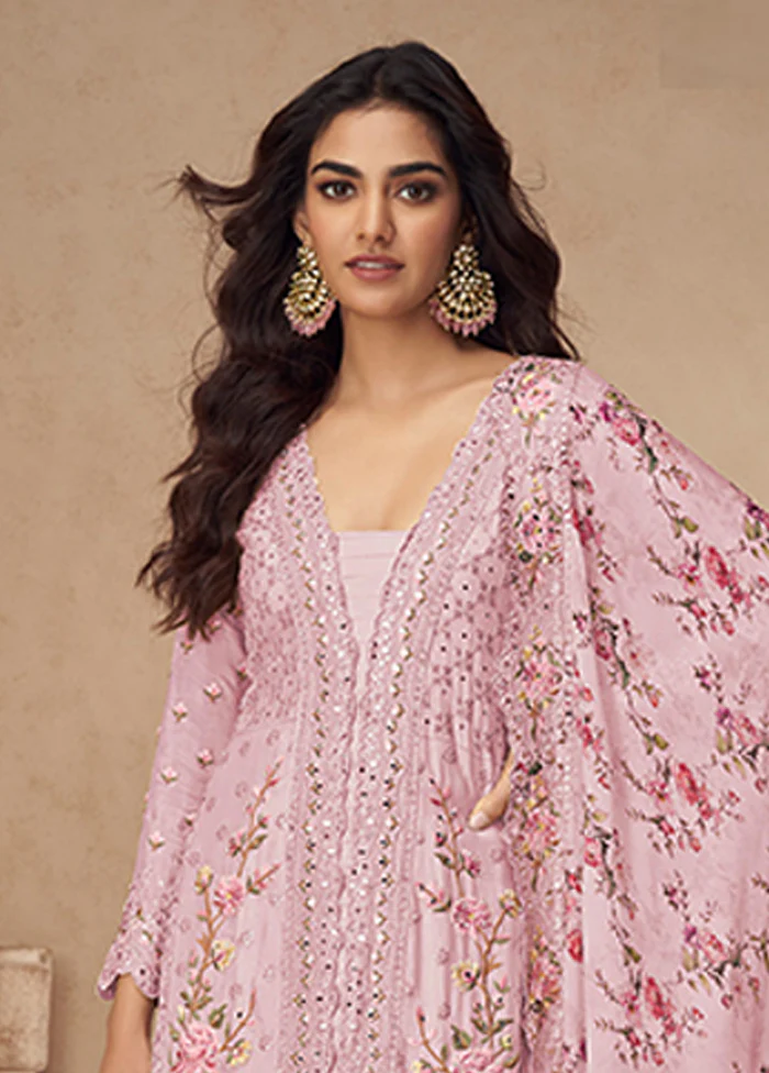 3 Pc Pink Silk Plazzo Suits Set - Image 2