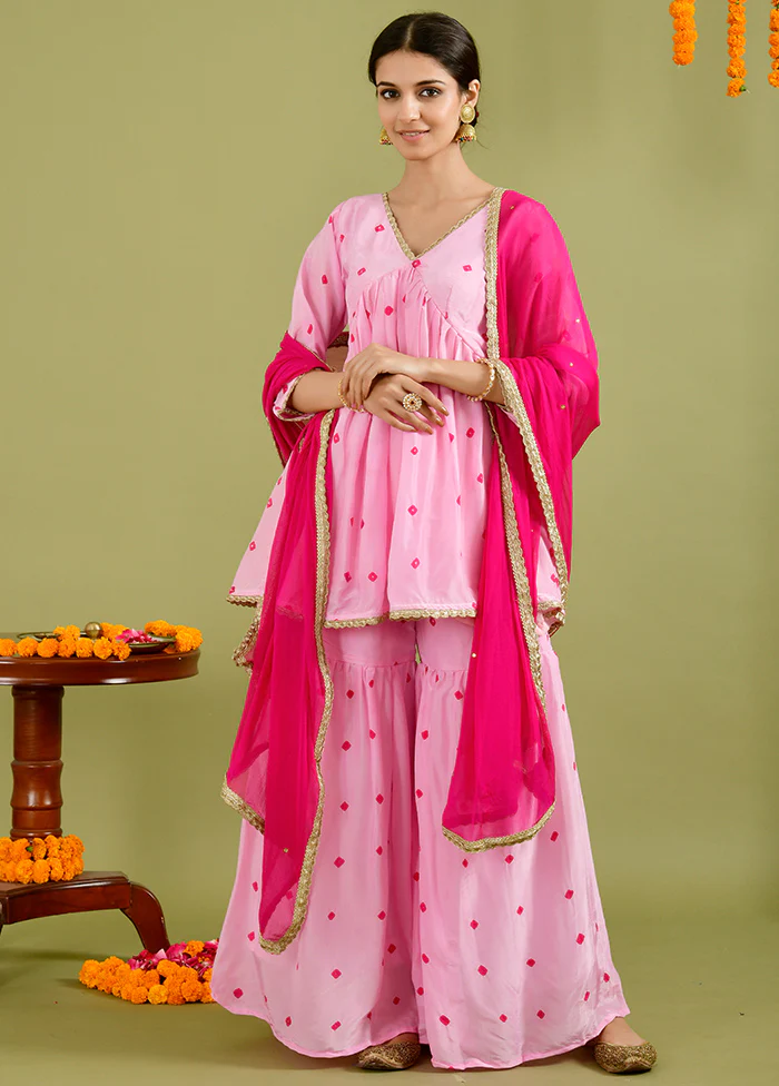 3 Pc Pink Silk Sharara Suit Set With Dupatta