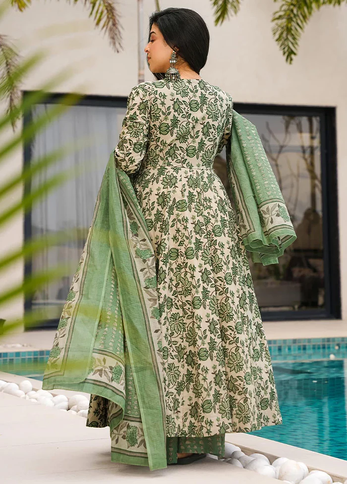 3 Pc Pista Green Readymade Cotton Dupatta Suit Set - Image 3