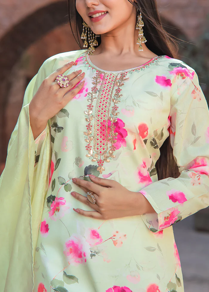 3 Pc Pista Green Readymade Cotton Dupatta Suit Set - Image 3