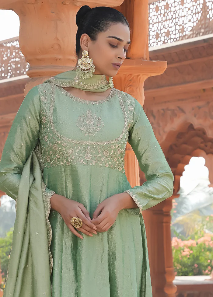 3 Pc Pista Green Readymade Silk Dupatta Suit Set - Image 2