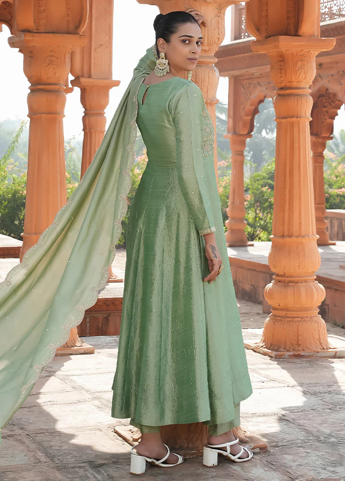 3 Pc Pista Green Readymade Silk Dupatta Suit Set - Image 3