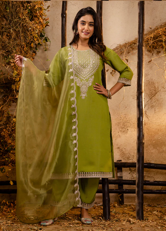 3 Pc Pista Green Readymade Silk Dupatta Suit Set