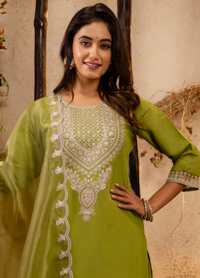 3 Pc Pista Green Readymade Silk Dupatta Suit Set - Image 2
