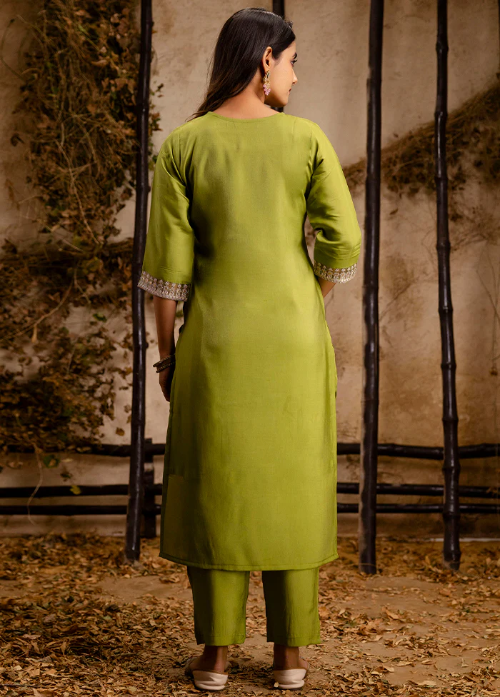 3 Pc Pista Green Readymade Silk Dupatta Suit Set - Image 3