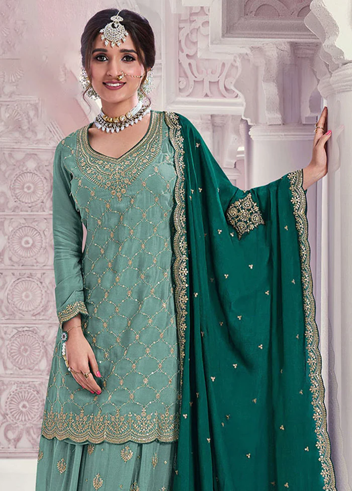 3 Pc Pista Green Semi Stitched Silk Dupatta Suit Set - Image 2