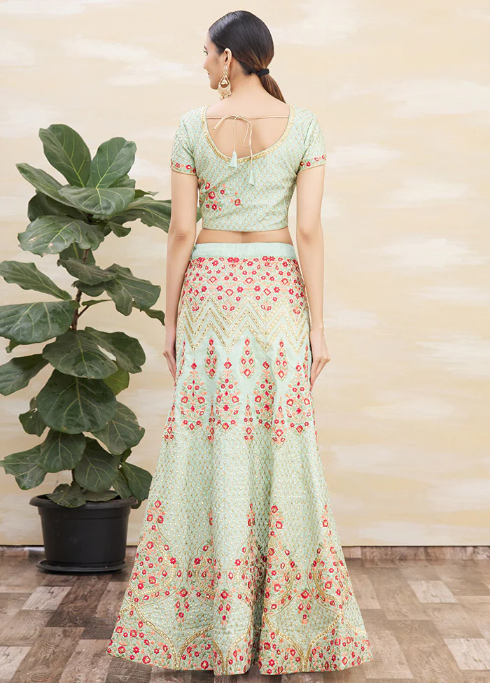 3 Pc Pista Green Silk Semi Stitched Lehenga Set - Image 2