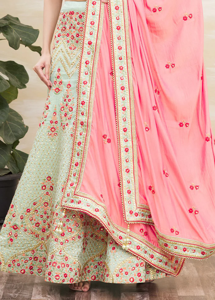 3 Pc Pista Green Silk Semi Stitched Lehenga Set - Image 3