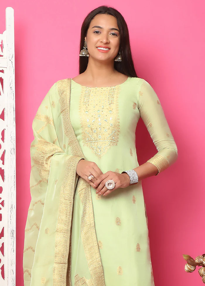 3 Pc Pista Green Unstitched Silk Suit Set - Image 2