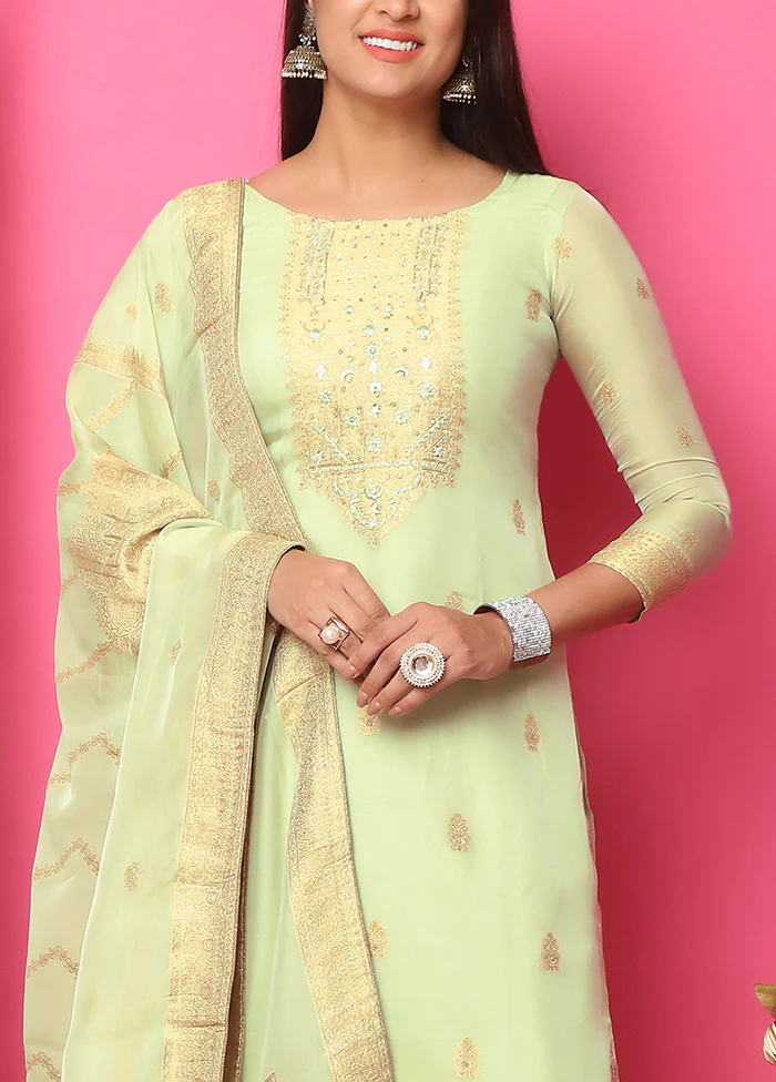 3 Pc Pista Green Unstitched Silk Suit Set - Image 3