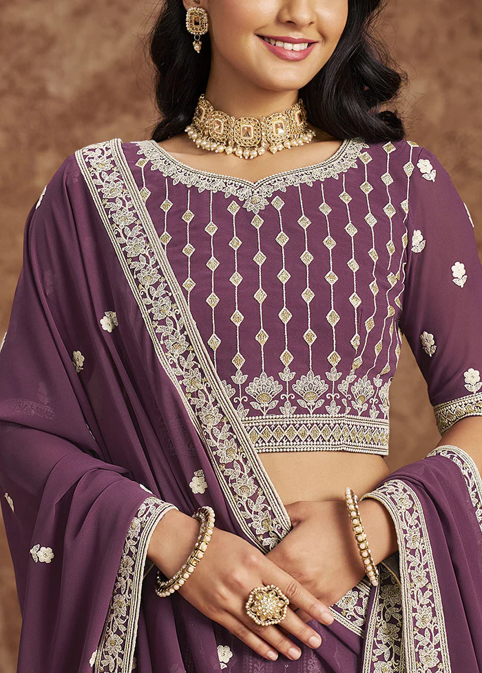 3 Pc Purple Georgette Semi Stitched Lehenga Set - Image 3