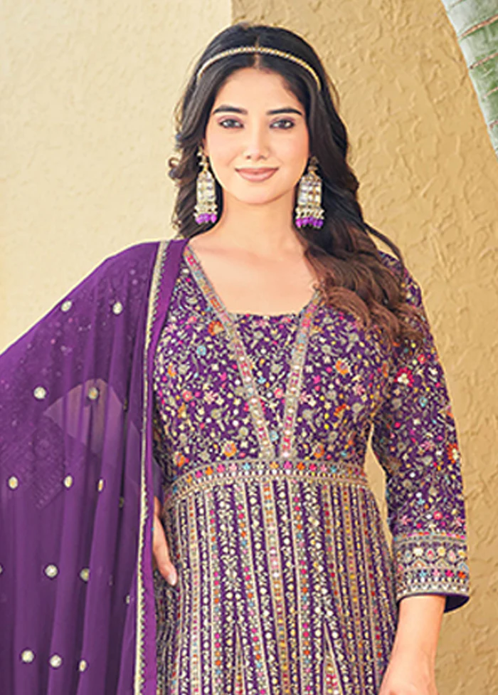 3 Pc Purple Georgette Anarkali Suits Set - Image 2