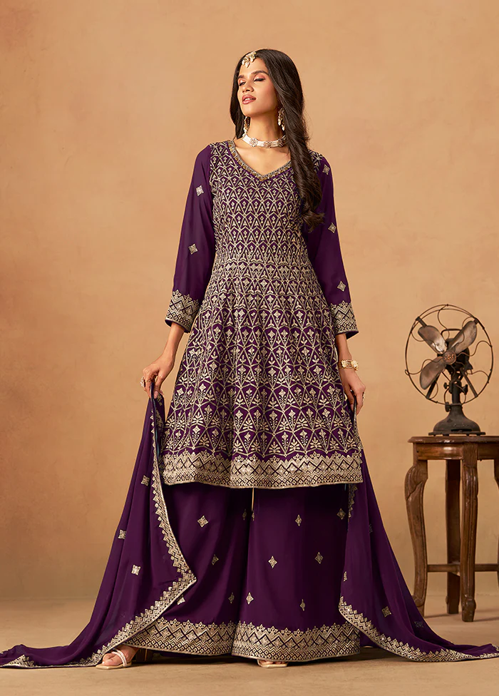 3 Pc Purple Georgette Plazzo Suit Set