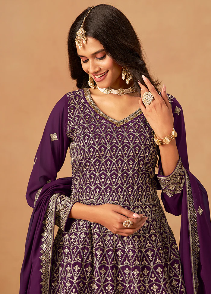 3 Pc Purple Georgette Plazzo Suit Set - Image 2