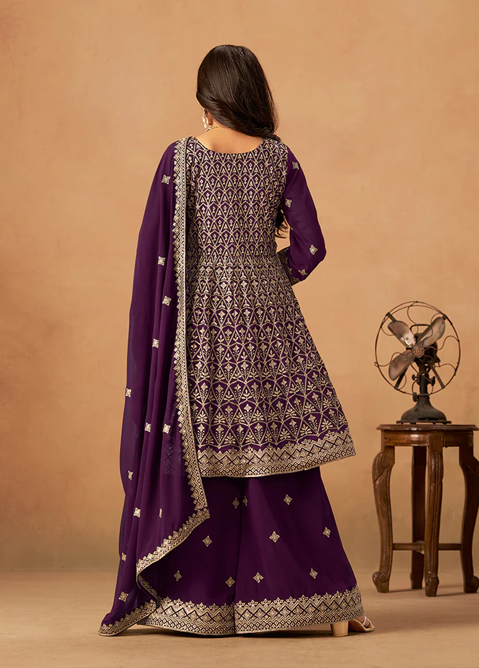 3 Pc Purple Georgette Plazzo Suit Set - Image 3