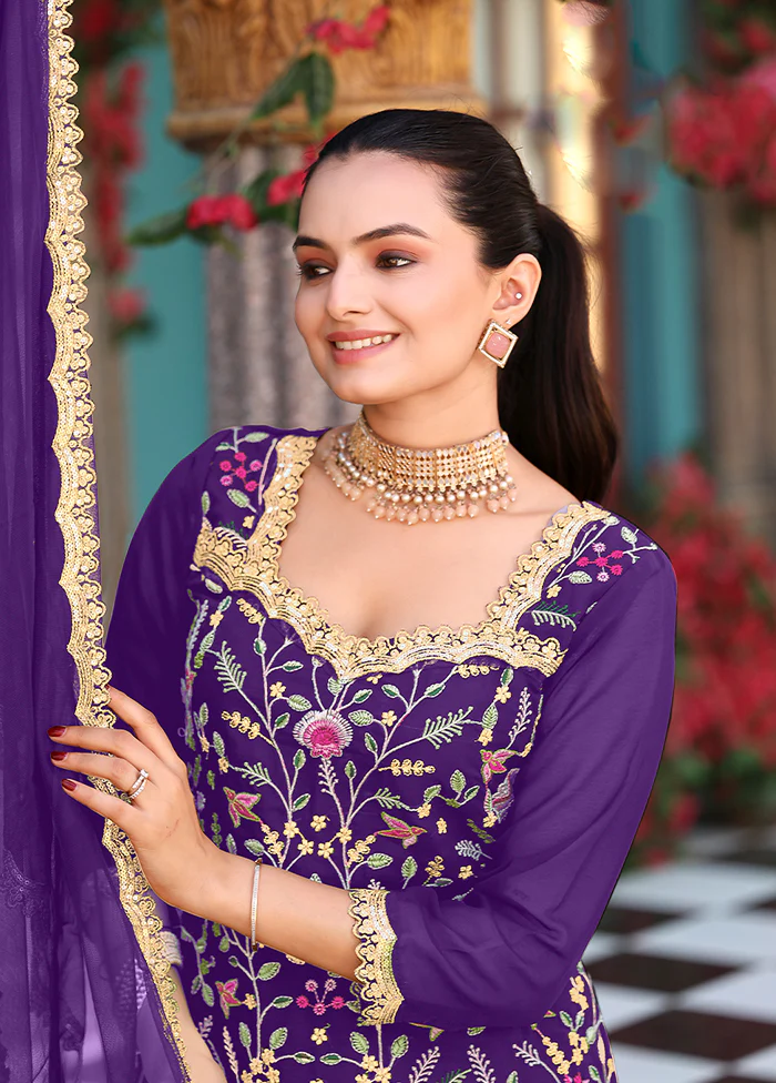3 Pc Purple Georgette Plazzo Skirt Suit Set - Image 2