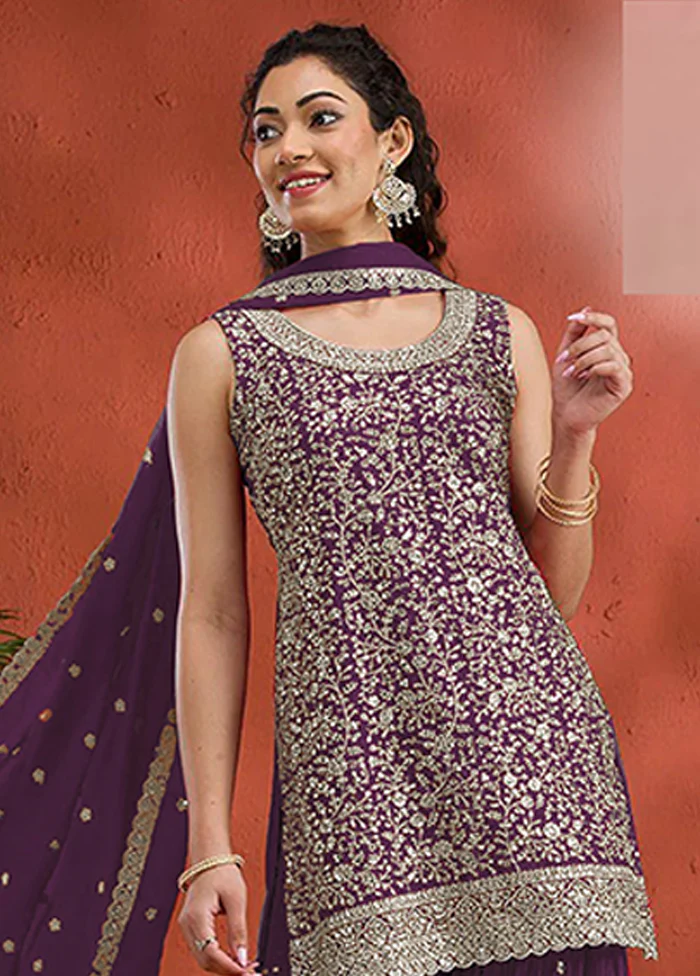 3 Pc Purple Georgette Plazzo Suit Set - Image 2