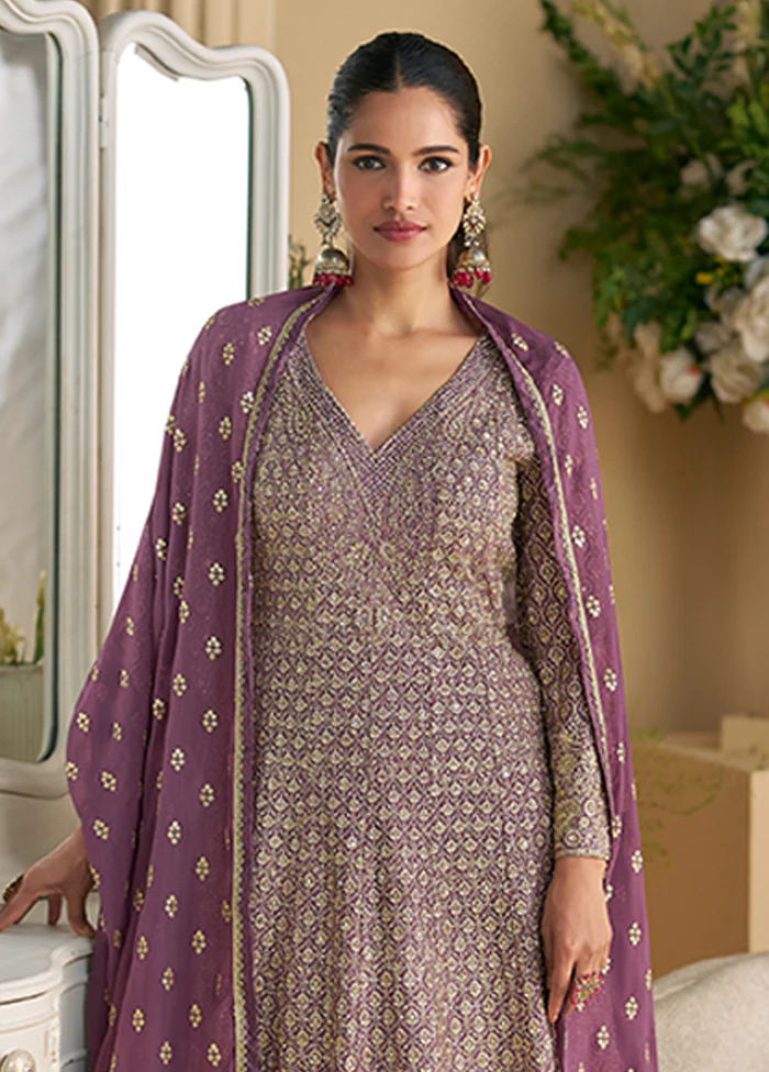 3 Pc Purple Georgette Palazzo Suit Set - Image 2