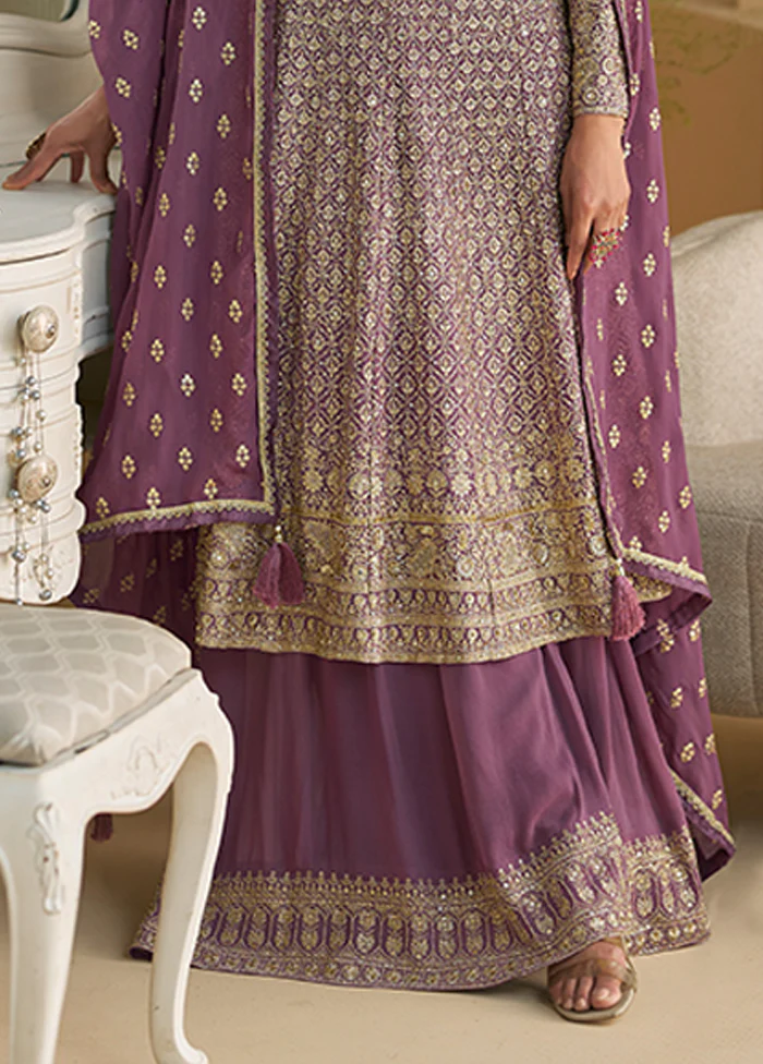 3 Pc Purple Georgette Palazzo Suit Set - Image 3