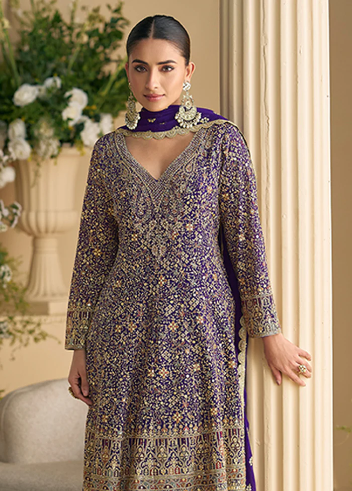3 Pc Purple Georgette Palazzo Suit Set - Image 2