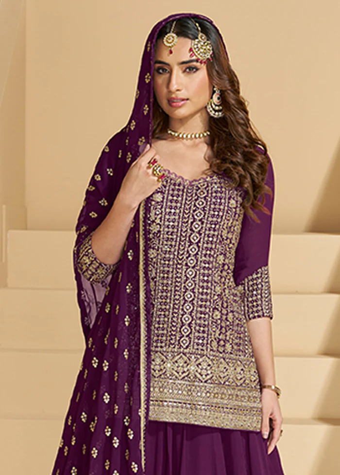 3 Pc Purple Georgette Sharara Suits Set - Image 2