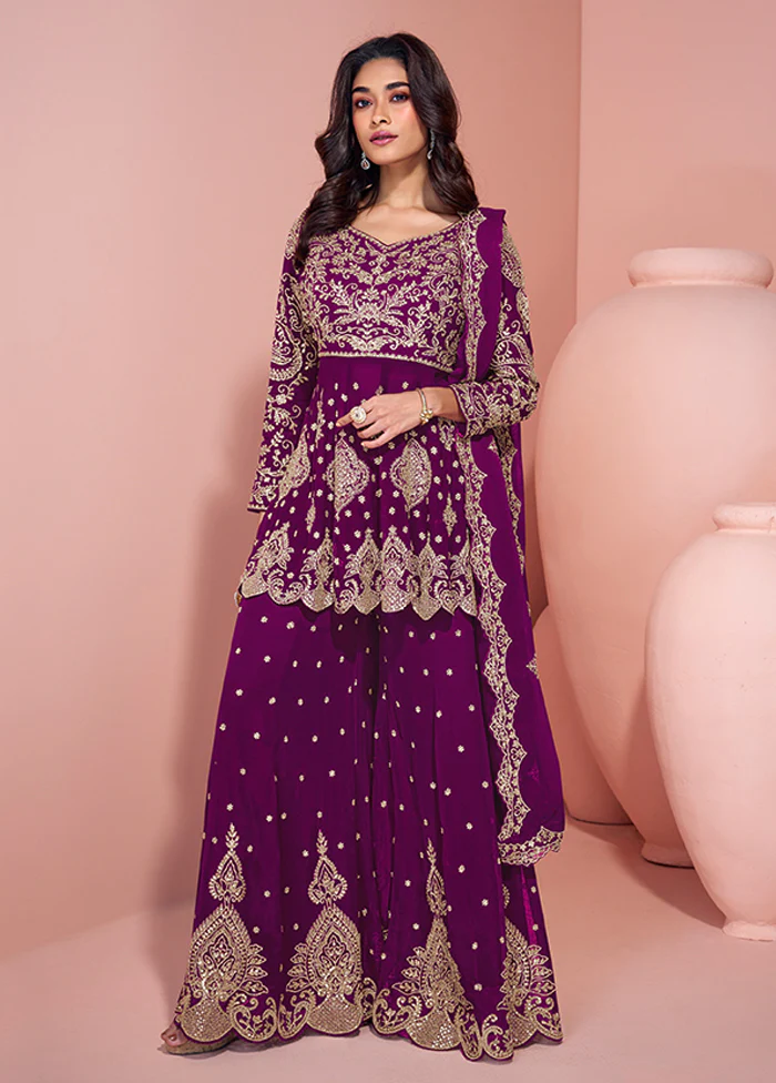 3 Pc Purple Georgette Sharara Suits Set