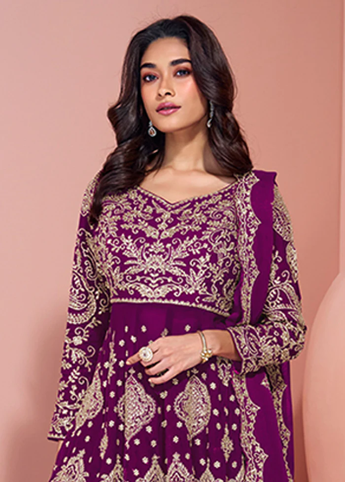 3 Pc Purple Georgette Sharara Suits Set - Image 2