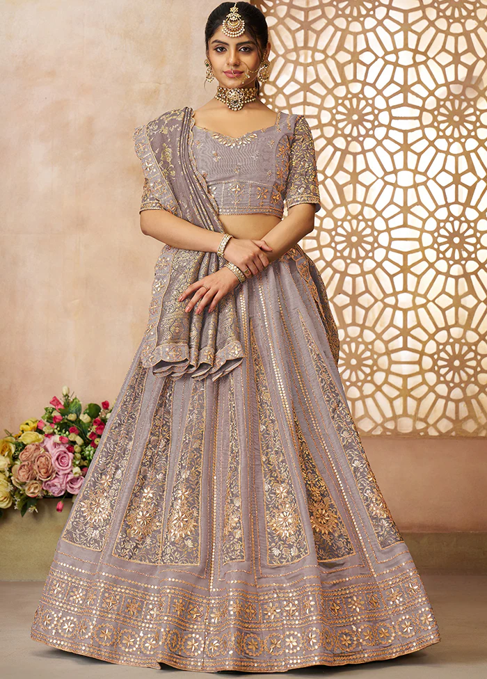 3 Pc Purple Net Semi Stitched Lehenga Set