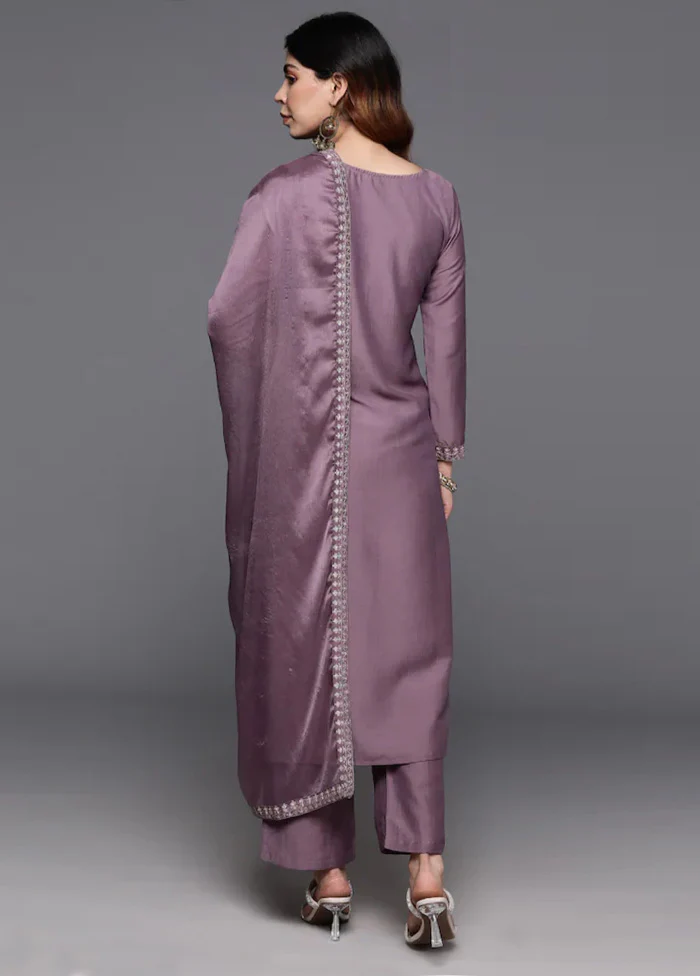 3 Pc Purple Readymade Chanderi Dupatta Suit Set - Image 2