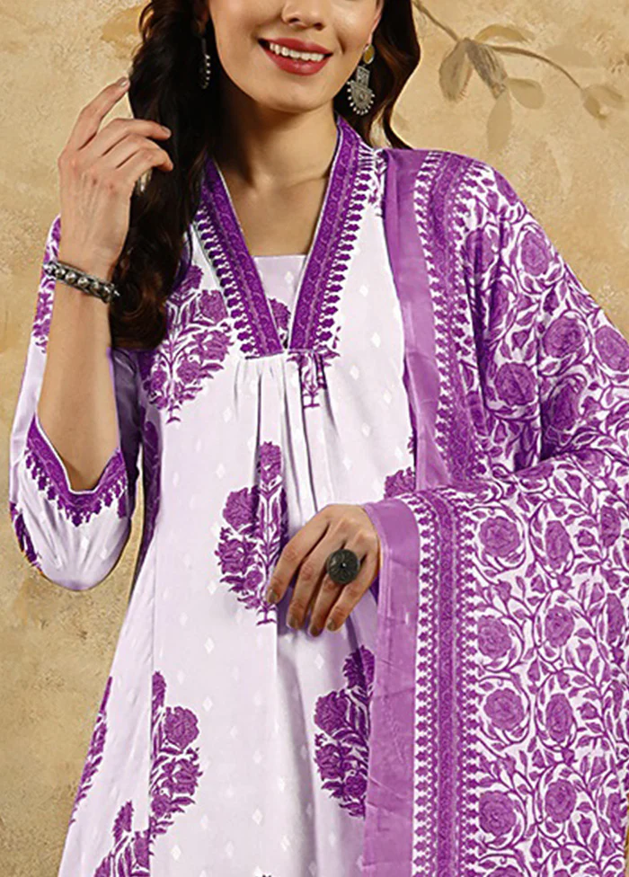 3 Pc Purple Readymade Cotton Dupatta Suit Set - Image 3