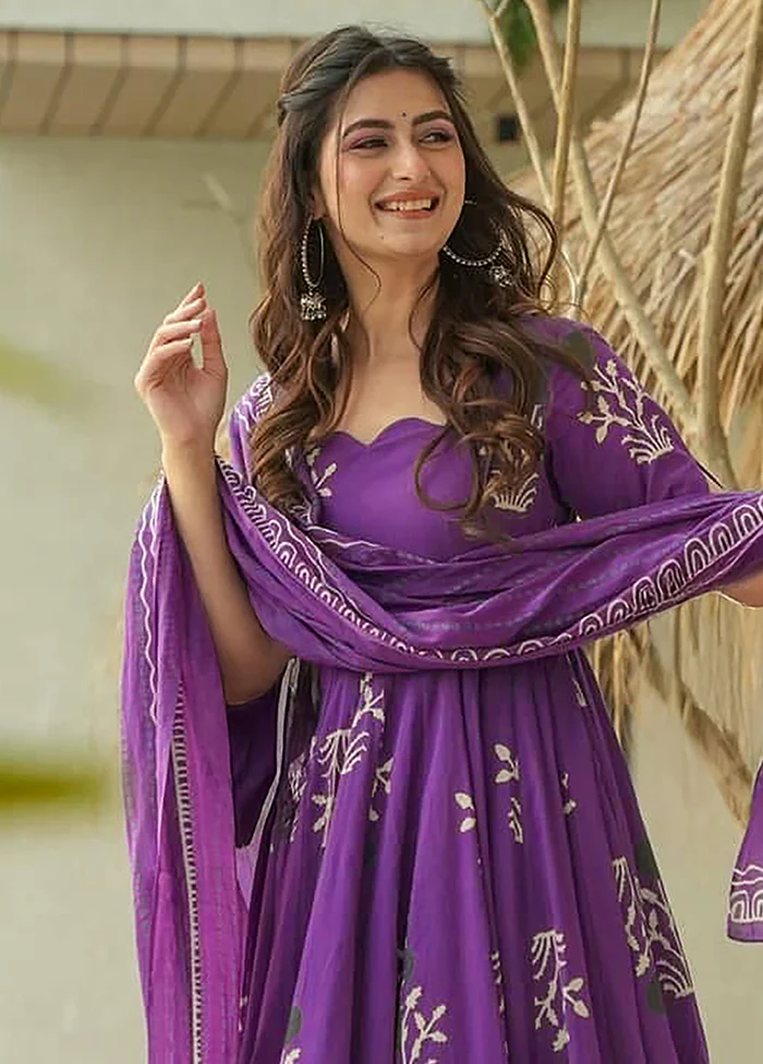 3 Pc Purple Readymade Cotton Dupatta Suit Set - Image 2