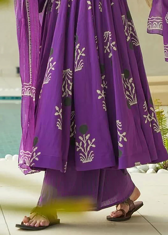 3 Pc Purple Readymade Cotton Dupatta Suit Set - Image 3
