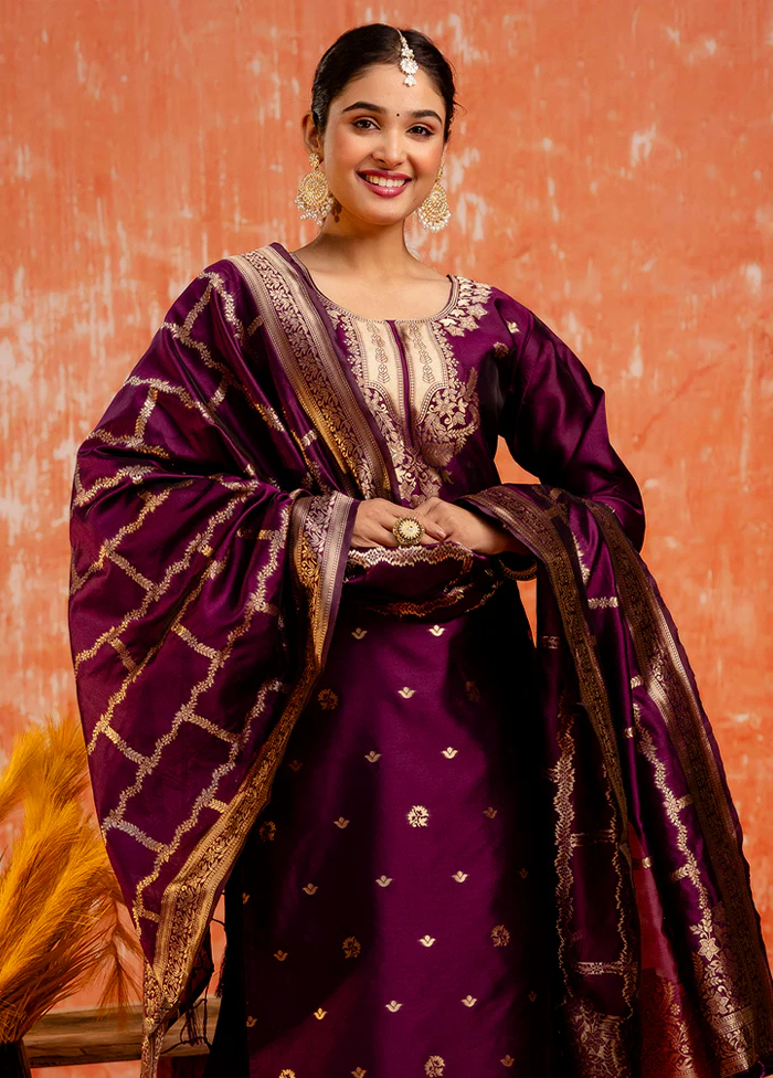 3 Pc Purple Readymade Cotton Dupatta Suit Set - Image 2