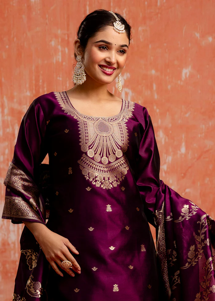3 Pc Purple Readymade Cotton Dupatta Suit Set - Image 2