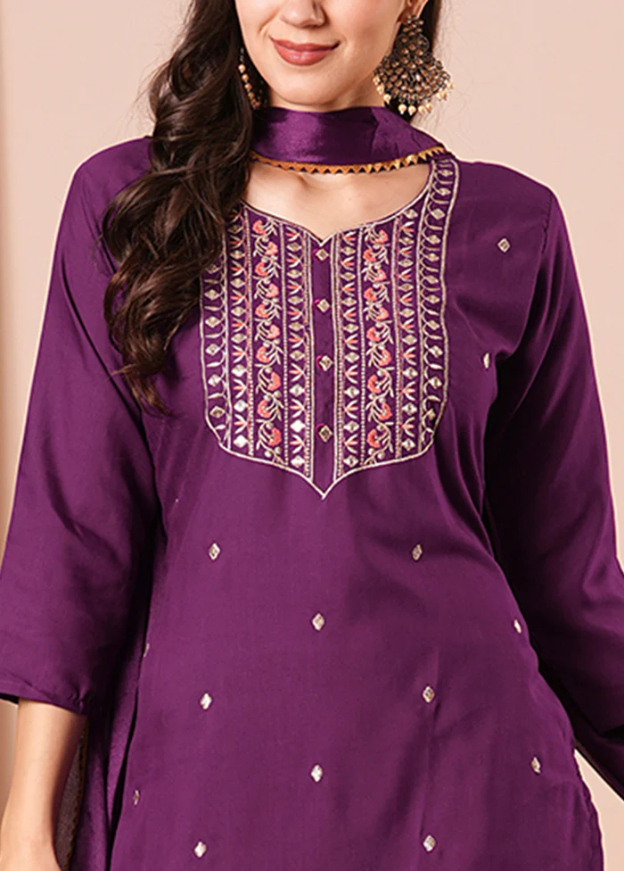 3 Pc Purple Readymade Rayon Dupatta Suit Set - Image 2