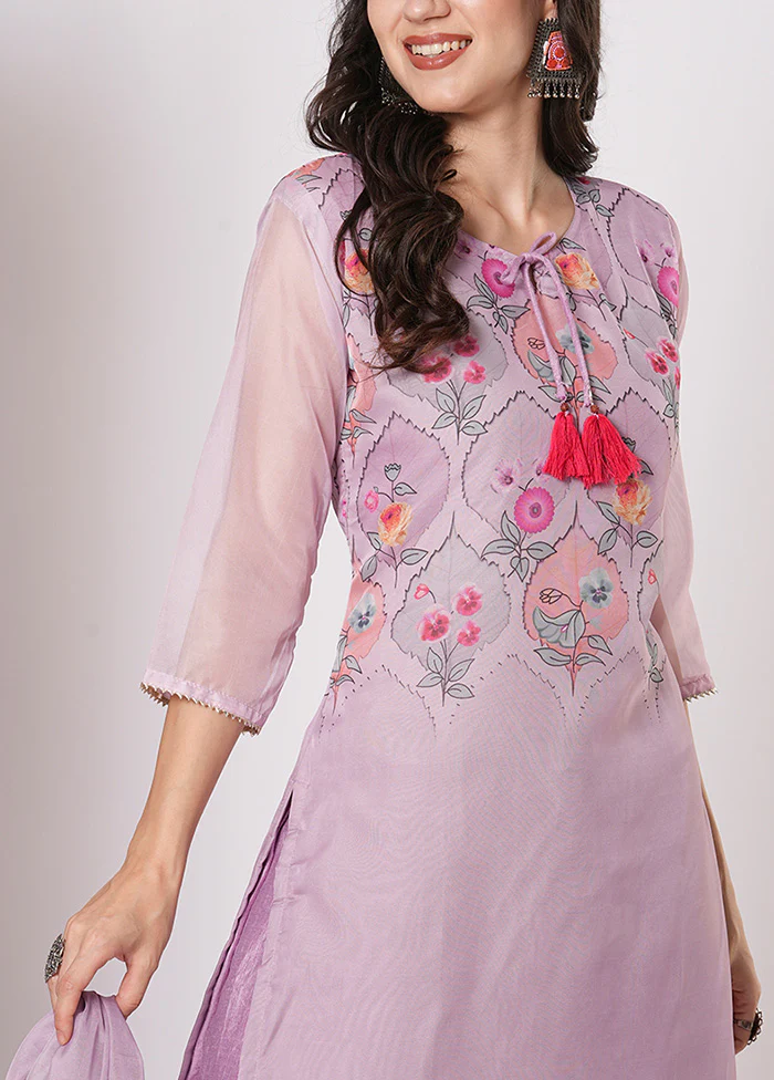 3 Pc Purple Readymade Silk Dupatta Suit Set - Image 3
