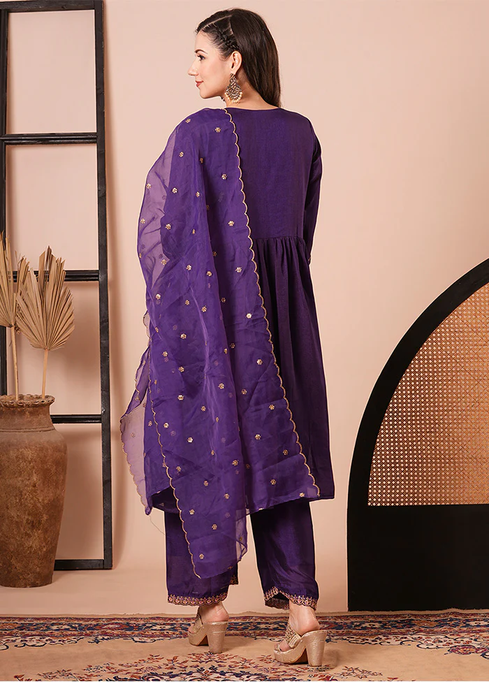 3 Pc Purple Readymade Silk Dupatta Suit Set - Image 2