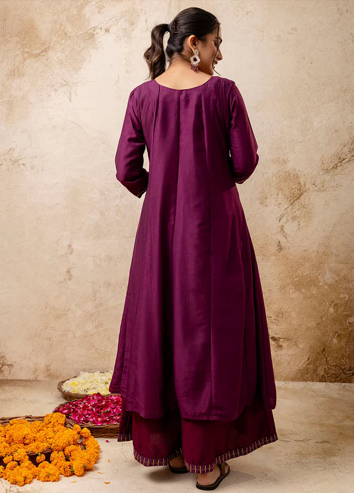 3 Pc Purple Readymade Silk Dupatta Suit Set - Image 3